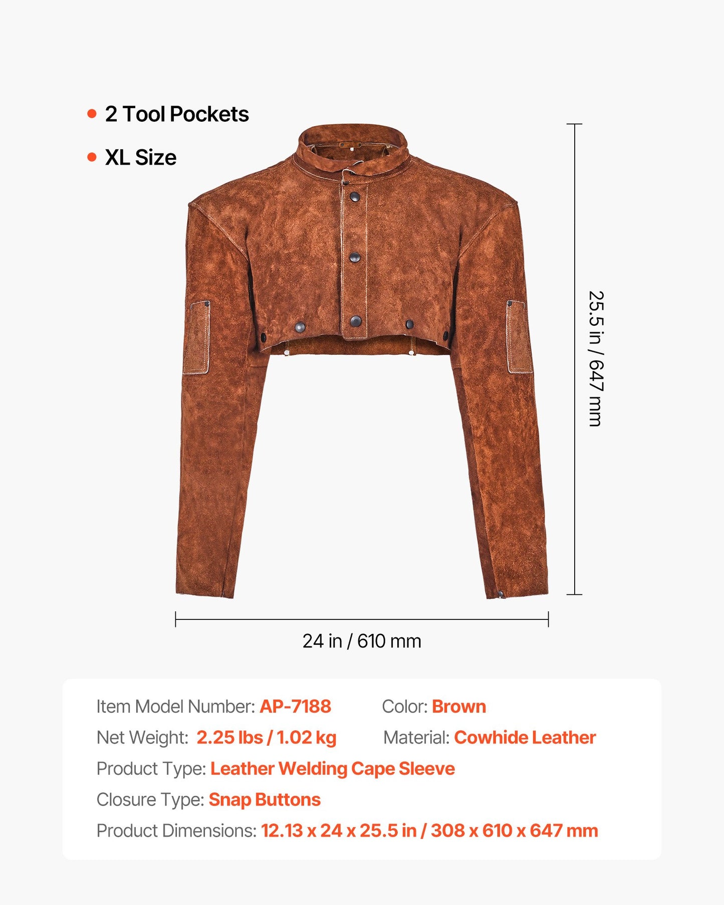 Leather Welding Cape Sleeve, Heavy Duty Flame Resistant Cowhide Safety Cape Sleeves for Men Women, Heat-Resistant for Welding, Blacksmithing, Woodworking, Gardening, XL-Size