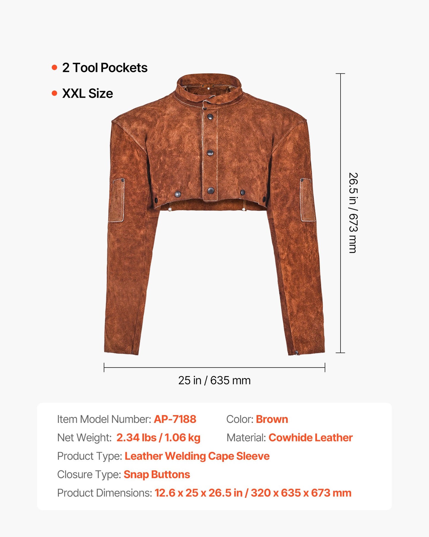 Leather Welding Cape Sleeve, Heavy Duty Flame Resistant Cowhide Safety Cape Sleeves for Men Women, Heat-Resistant for Welding, Blacksmithing, Woodworking, Gardening, XXL-Size