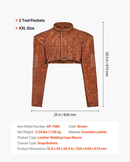 Leather Welding Cape Sleeve, Heavy Duty Flame Resistant Cowhide Safety Cape Sleeves for Men Women, Heat-Resistant for Welding, Blacksmithing, Woodworking, Gardening, XXL-Size