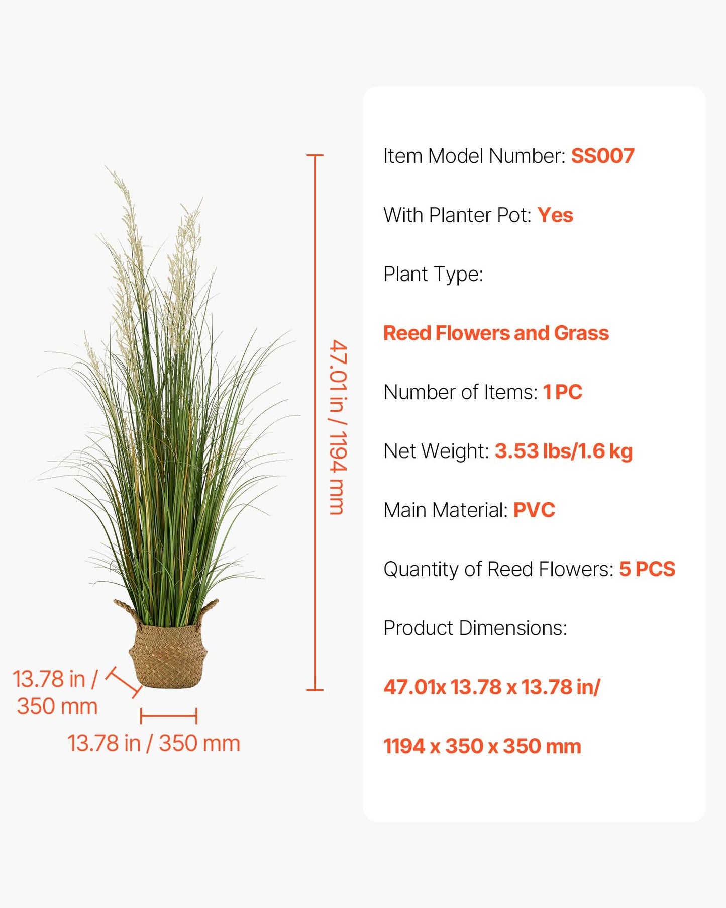 Artificial Grass Plant, 47 inch Reed Flower Grass in Pot, Premium PVC Faux Fake Greenery Shrubs Plant for Indoor Outdoor House Home Garden Office Room Décor, Housewarming, 1 Pack Green