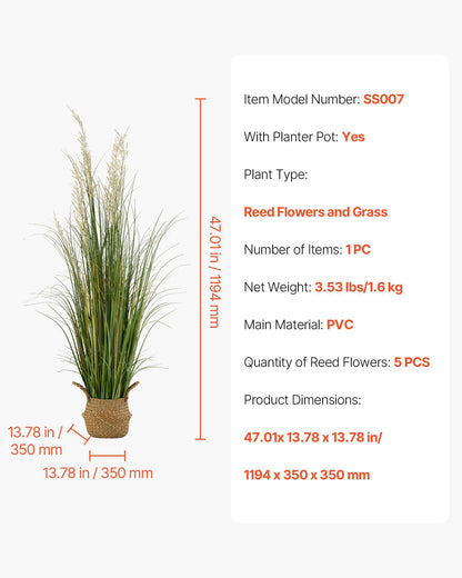 Artificial Grass Plant, 47 inch Reed Flower Grass in Pot, Premium PVC Faux Fake Greenery Shrubs Plant for Indoor Outdoor House Home Garden Office Room Décor, Housewarming, 1 Pack Green