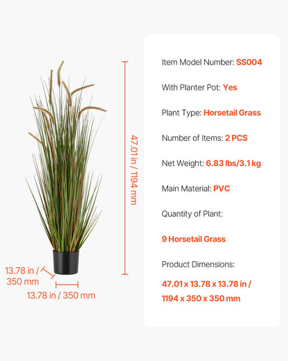 Artificial Grass Plant, 2 Pack 47 inch Horsetail Reed Grass in Pot, Premium PVC Faux Fake Greenery Shrubs Plant for Indoor Outdoor House Home Garden Office Room Décor, Housewarming, Green