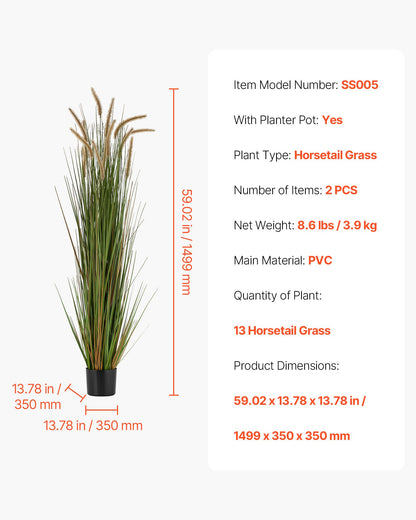 Artificial Grass Plant, 2 Pack 59 inch Horsetail Reed Grass in Pot, Premium PVC Faux Fake Greenery Shrubs Plant for Indoor Outdoor House Home Garden Office Room Décor, Housewarming, Green