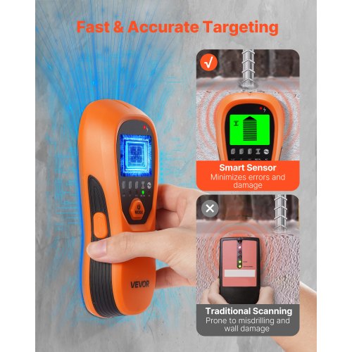 Regeldetektor Väggskanner, 5 i 1, Elektronisk Väggregeldetektor med Smart Sensor, HD LCD-Display och Ljudlarm, för mitten och kanten av metall, AC-ledning, Bjälkar, Rör, Orange |  EU