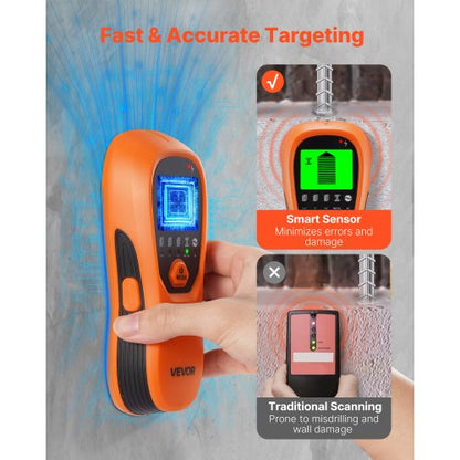 Regeldetektor Väggskanner, 5 i 1, Elektronisk Väggregeldetektor med Smart Sensor, HD LCD-Display och Ljudlarm, för mitten och kanten av metall, AC-ledning, Bjälkar, Rör, Orange |  EU