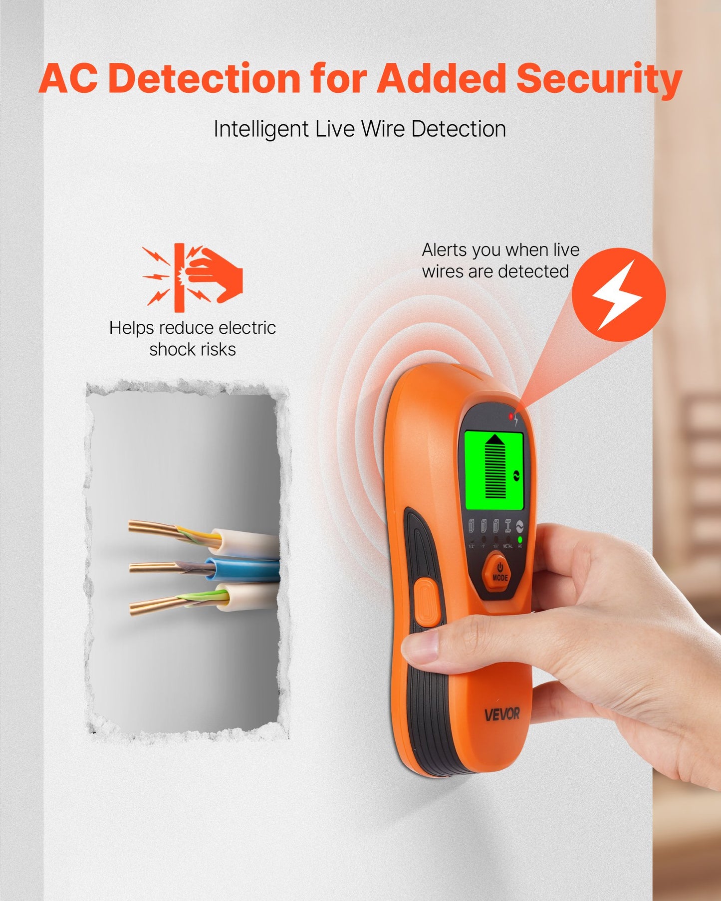 Stud Finder Wall Scanner, 5 in 1, Electronic Wall Stud Detector with Smart Sensor, High-Definition LCD Display and Audio Alarm, for the Center and Edge of Metal, AC Wire, Joists, Pipes, Orange