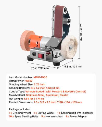 3-in-1 Mini Belt Sander, 13" x 1.2" Sanding Belt, 2.75" Grinding & Polishing Wheel Combo, 7-Speed Adjustable with Forward/Reverse Control for Woodworking, Jewelry Making, Knife Sharpening