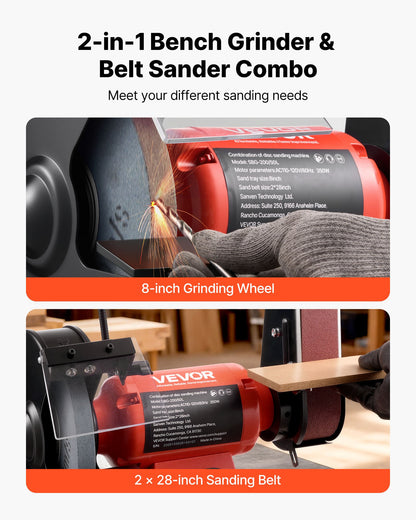 8" Bench Grinder & 2" x 28" Belt Sander Combo, 350W Professional Grinding Sanding Machine with LED Work Light & Protective Eye Shield for Metalworking, Woodworking, Knife Sharpening