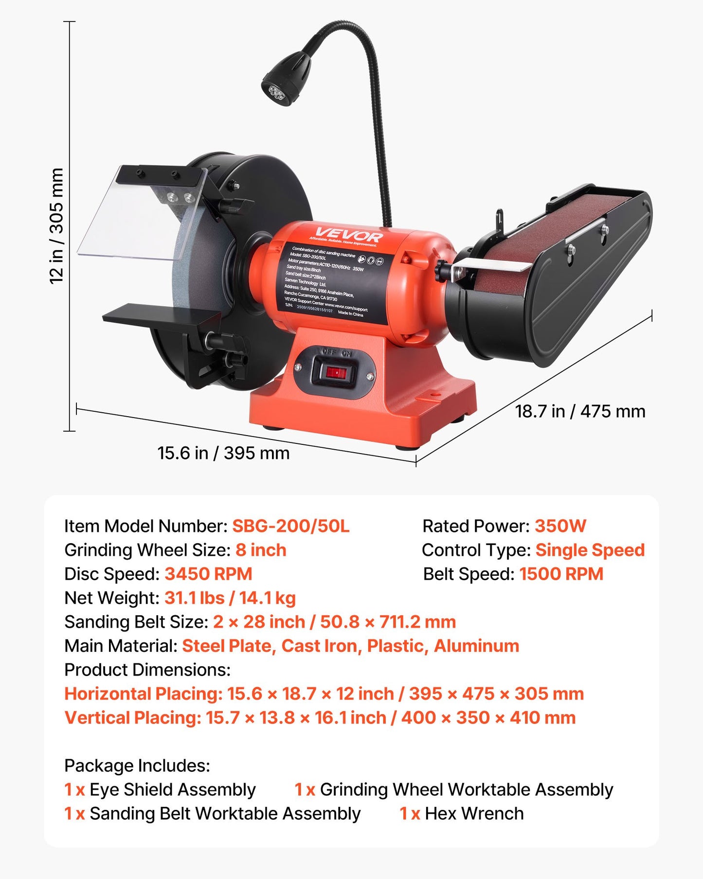 8" Bench Grinder & 2" x 28" Belt Sander Combo, 350W Professional Grinding Sanding Machine with LED Work Light & Protective Eye Shield for Metalworking, Woodworking, Knife Sharpening