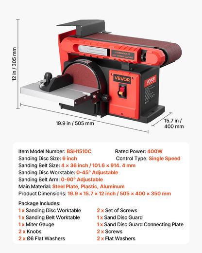 6" Disc Sander & 4" x 36" Belt Sander, 400W Professional Belt Disc Sanders Combo with 0 - 45° Adjustable Worktable & Dust Collection Port for Woodworking, Knife Sharpening, DIY Crafting