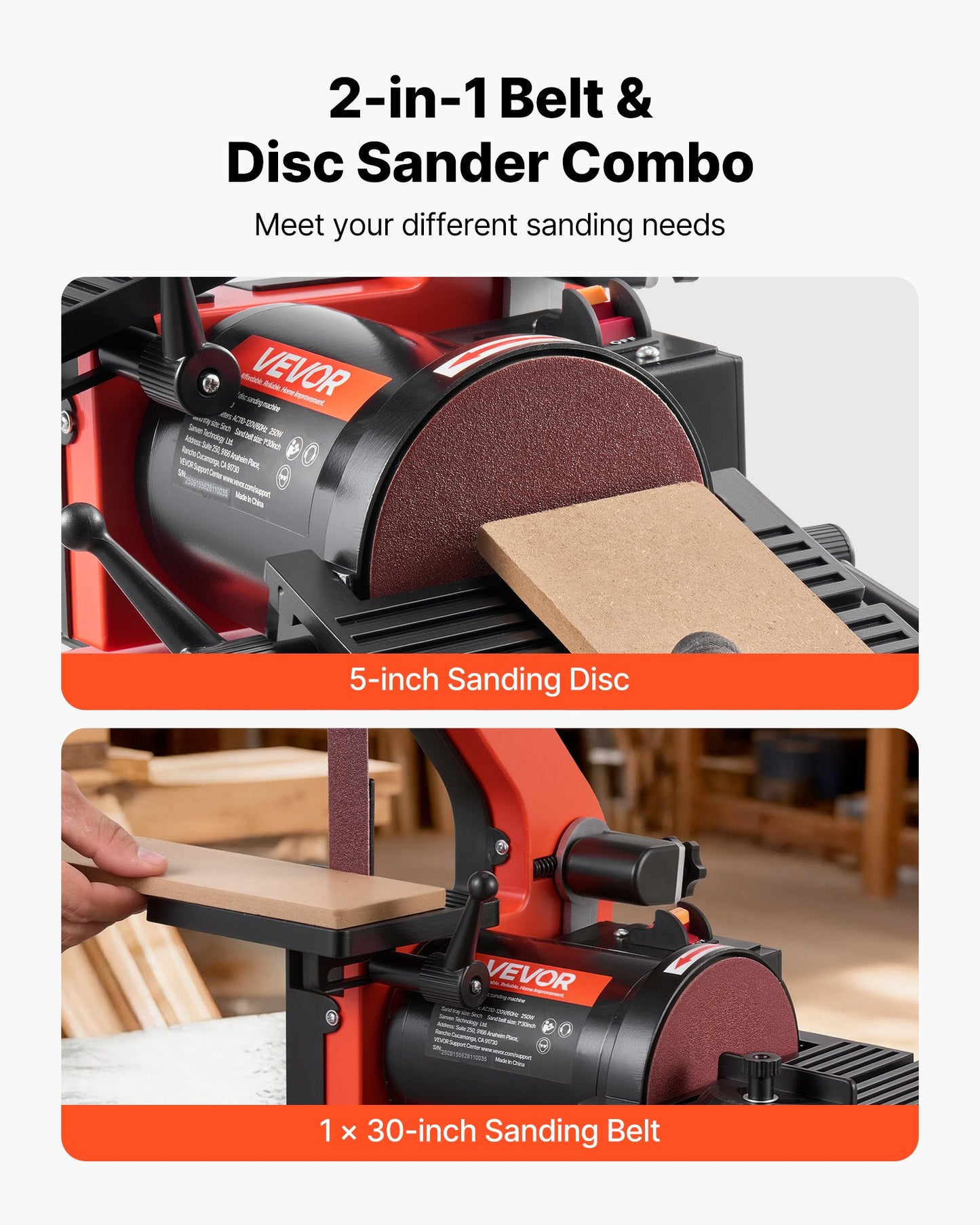 5" Disc Sander & 1" x 30" Belt Sander, 250W Benchtop Belt Disc Sanders Combo with 0 - 45° Adjustable Worktable & Dust Collection Ports for Woodworking, Furniture Refinishing, DIY Crafting