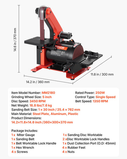 5" Disc Sander & 1" x 30" Belt Sander, 250W Benchtop Belt Disc Sanders Combo with 0 - 45° Adjustable Worktable & Dust Collection Ports for Woodworking, Furniture Refinishing, DIY Crafting