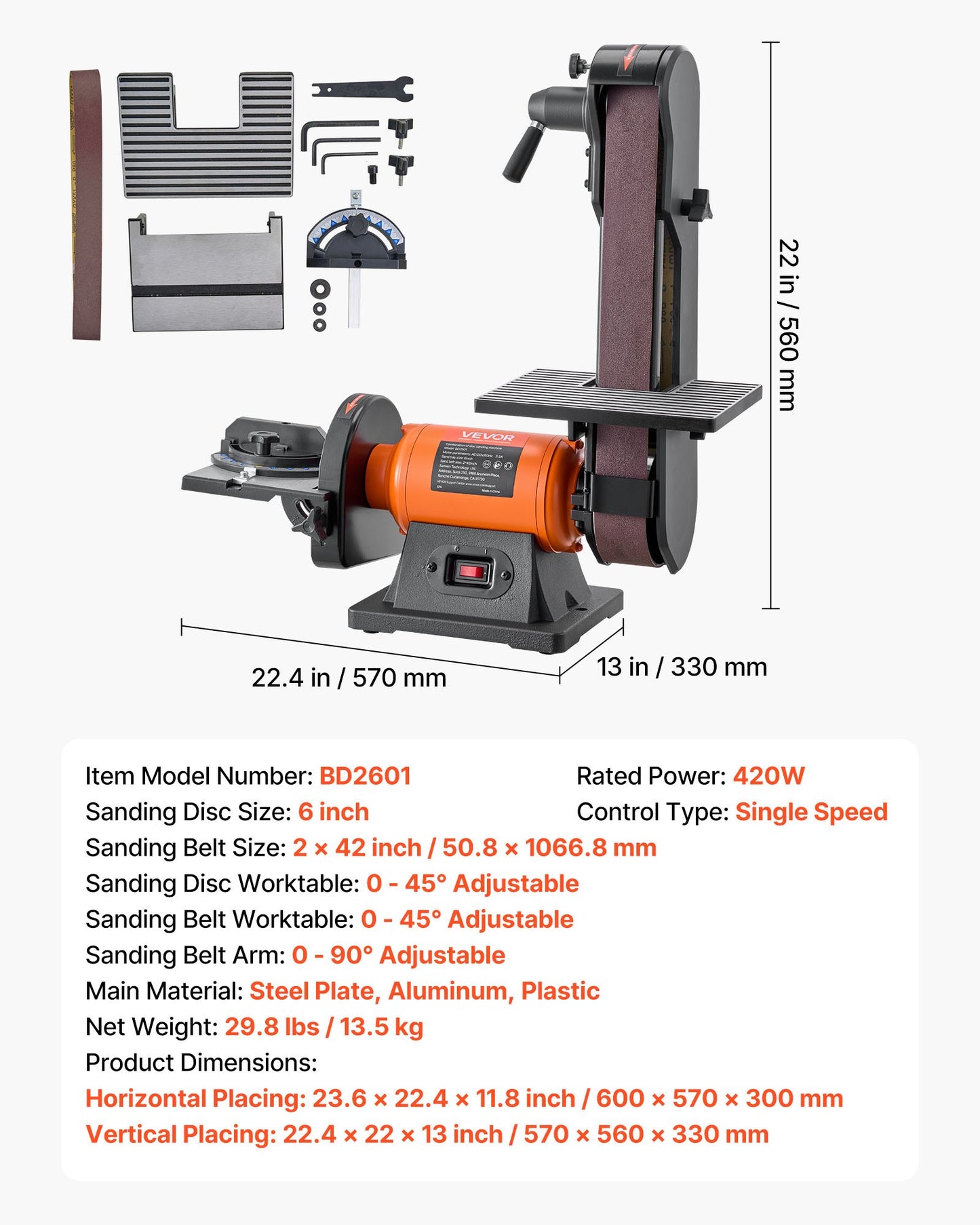 6" Disc Sander & 2" x 42" Belt Sander, 420W Professional Bench Belt Disc Sanders Combo with Multiple Angle Adjustments for DIY Woodworking, Furniture Refinishing, Knife Sharpening