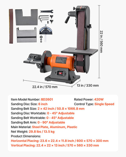 6" Disc Sander & 2" x 42" Belt Sander, 420W Professional Bench Belt Disc Sanders Combo with Multiple Angle Adjustments for DIY Woodworking, Furniture Refinishing, Knife Sharpening