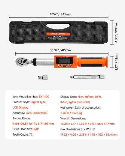 Digital Torque Wrench, 3/8 Inch Drive, 0-99.57 lbf-ft / 0-135 N.m, 72-Tooth, ±2% High Accuracy Electronic Torque Wrench with Preset Value, Buzzer and LED Notification, for Automotive Motorcycle