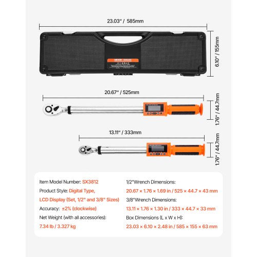 Digital momentnyckelsats 2 delar 1/2 3/8 tums drev 72 tänder elektronisk |  EU