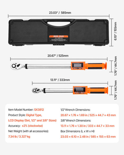 Digital Torque Wrench Set, 2 Pieces, 1/2, 3/8 Inch Drive, 72-Tooth, ±2% High Accuracy Electronic Torque Wrench with Preset Value, Buzzer and LED Notification, for Automotive Motorcycle