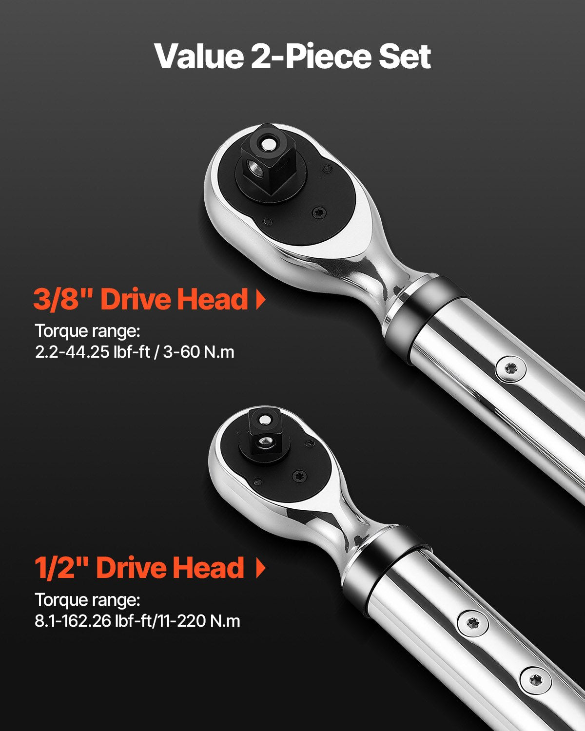 Digital Torque Wrench Set, 2 Pieces, 1/2, 3/8 Inch Drive, 72-Tooth, ±2% High Accuracy Electronic Torque Wrench with Preset Value, Buzzer and LED Notification, for Automotive Motorcycle
