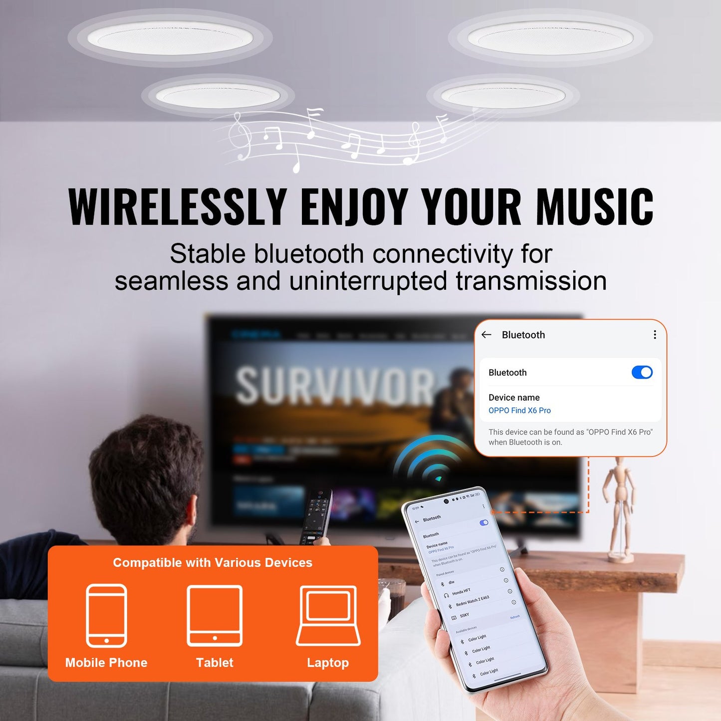 4 PCs 6.5'' Bluetooth in Ceiling Speakers, 150W, Flush Mount Ceiling & in-Wall Speaker System with 8ΩImpedance 89dB Sensitivity, for Home Kitchen Living Room Bedroom or Covered Outdoor Porches