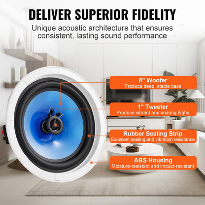 2PCs 8 Inch Ceiling Speakers 50 Watt Recessed Ceiling and Wall Speakers