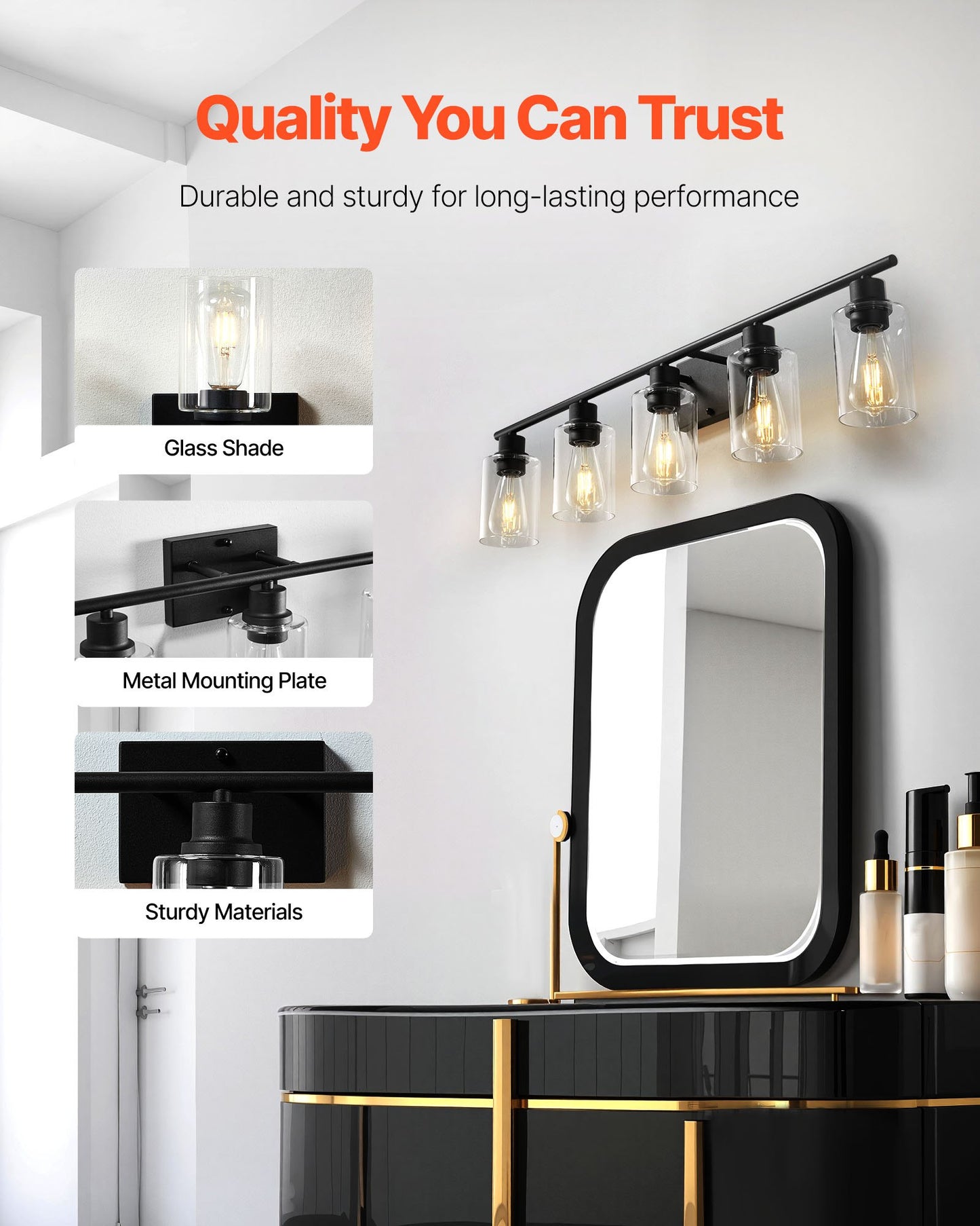5-Light Bathroom Vanity Lights, 37.1-Inch, Modern Light Fixtures Above Mirror with Clear Glass Shade, 60W, Wall Lighting for Bathroom, Living Room, Bedroom, Hallway, E26 Base (Bulbs Not Included)