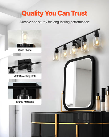 5-Light Bathroom Vanity Lights, 37.1-Inch, Modern Light Fixtures Above Mirror with Clear Glass Shade, 60W, Wall Lighting for Bathroom, Living Room, Bedroom, Hallway, E26 Base (Bulbs Not Included)