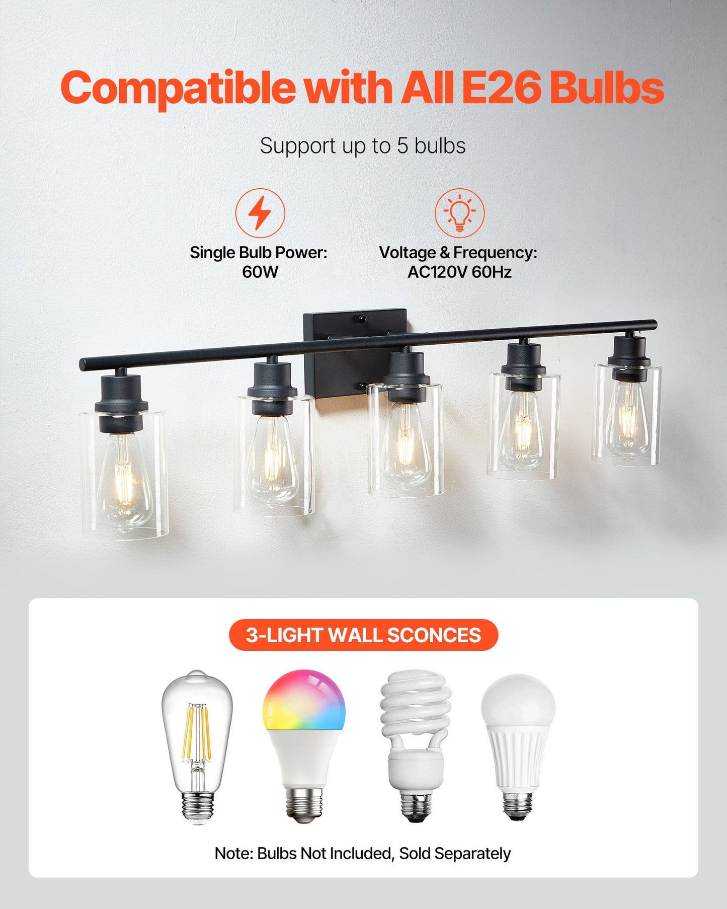 5-Light Bathroom Vanity Lights, 37.1-Inch, Modern Light Fixtures Above Mirror with Clear Glass Shade, 60W, Wall Lighting for Bathroom, Living Room, Bedroom, Hallway, E26 Base (Bulbs Not Included)
