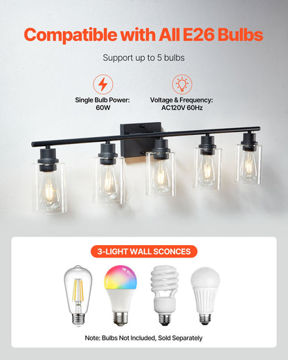 5-Light Bathroom Vanity Lights, 37.1-Inch, Modern Light Fixtures Above Mirror with Clear Glass Shade, 60W, Wall Lighting for Bathroom, Living Room, Bedroom, Hallway, E26 Base (Bulbs Not Included)