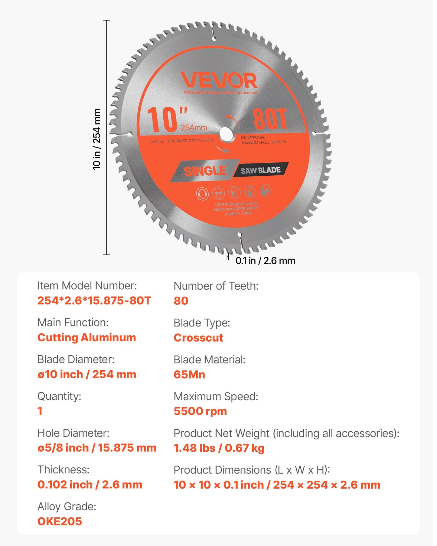 Circular Saw Blade, 10 inch Diameter, 80 Sharp Alloy Teeth, 5/8 inch Arbor, Fine Finish, Aluminum Cutting Blade for Circular Saw, with Noise-Reducing Heat Vents, for Cutting Steel and Metal