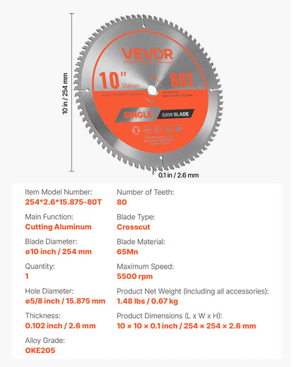 Circular Saw Blade, 10 inch Diameter, 80 Sharp Alloy Teeth, 5/8 inch Arbor, Fine Finish, Aluminum Cutting Blade for Circular Saw, with Noise-Reducing Heat Vents, for Cutting Steel and Metal