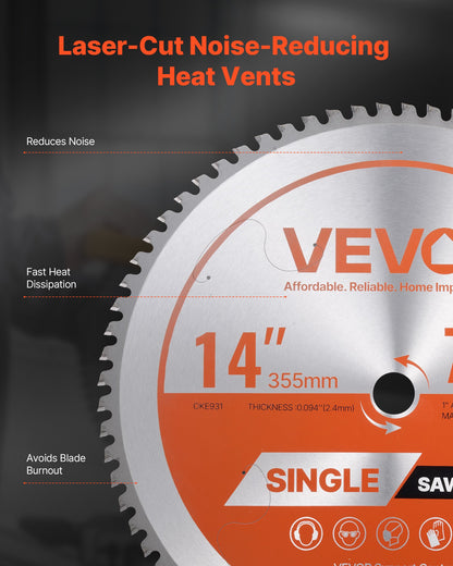 Circular Saw Blade, 14 inch Diameter, 72 Sharp Alloy Teeth, 1 inch Arbor, Fine Finish, Metal Cutting Blade for Circular Saw, with Noise-Reducing Heat Vents, for Cutting Steel and Aluminum