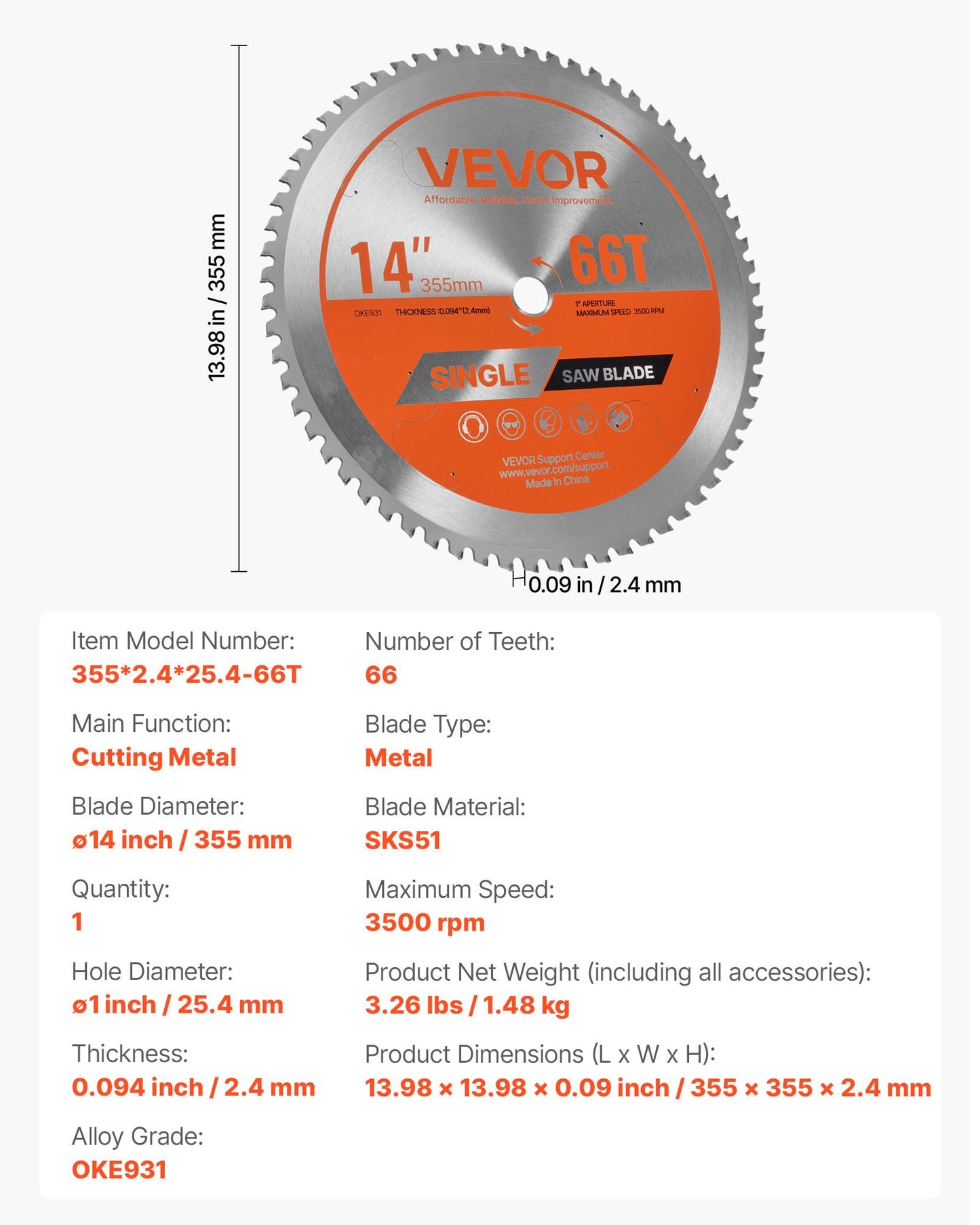 Circular Saw Blade, 14 inch Diameter, 66 Sharp Alloy Teeth, 1 inch Arbor, Fine Finish, Metal Cutting Blade for Circular Saw, with Noise-Reducing Heat Vents, for Cutting Steel and Aluminum