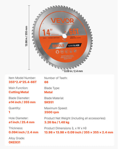 Circular Saw Blade, 14 inch Diameter, 66 Sharp Alloy Teeth, 1 inch Arbor, Fine Finish, Metal Cutting Blade for Circular Saw, with Noise-Reducing Heat Vents, for Cutting Steel and Aluminum