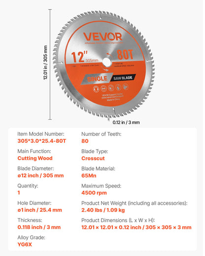 Circular Saw Blade, 12 inch Diameter, 80 Sharp Alloy Teeth, 1 inch Arbor, Fine Finish, Wood Cutting Blade for Circular Saw, with Noise-Reducing Heat Vents, for Cutting Plywood, OSB, Hardwood