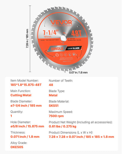 Circular Saw Blade, 7-1/4 inch Diameter, 48 Sharp Alloy Teeth, 5/8 inch Arbor, Fine Finish, Metal Cutting Blade for Circular Saw, with Noise-Reducing Heat Vents, for Cutting Steel and Aluminum