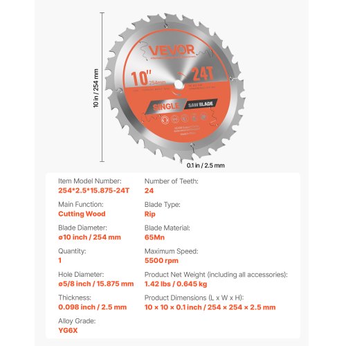 Cirkelsågblad, 254 mm diameter, 24 vassa legeringständer, 15,875 mm spindel, fin yta, Träsågblad för cirkelsåg, med ljudreducerande värmeventiler, för sågning av plywood, OSB, lövträ |  EU
