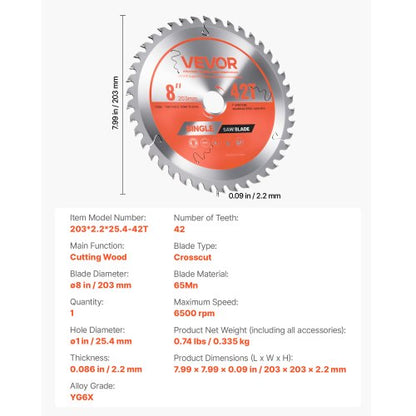 Cirkelsågblad, 203 mm diameter, 42 vassa legeringständer, 25,4 mm spindel, fin yta, Träsågblad för cirkelsåg, med ljudreducerande värmeventiler, för sågning av plywood, OSB och lövträ |  EU
