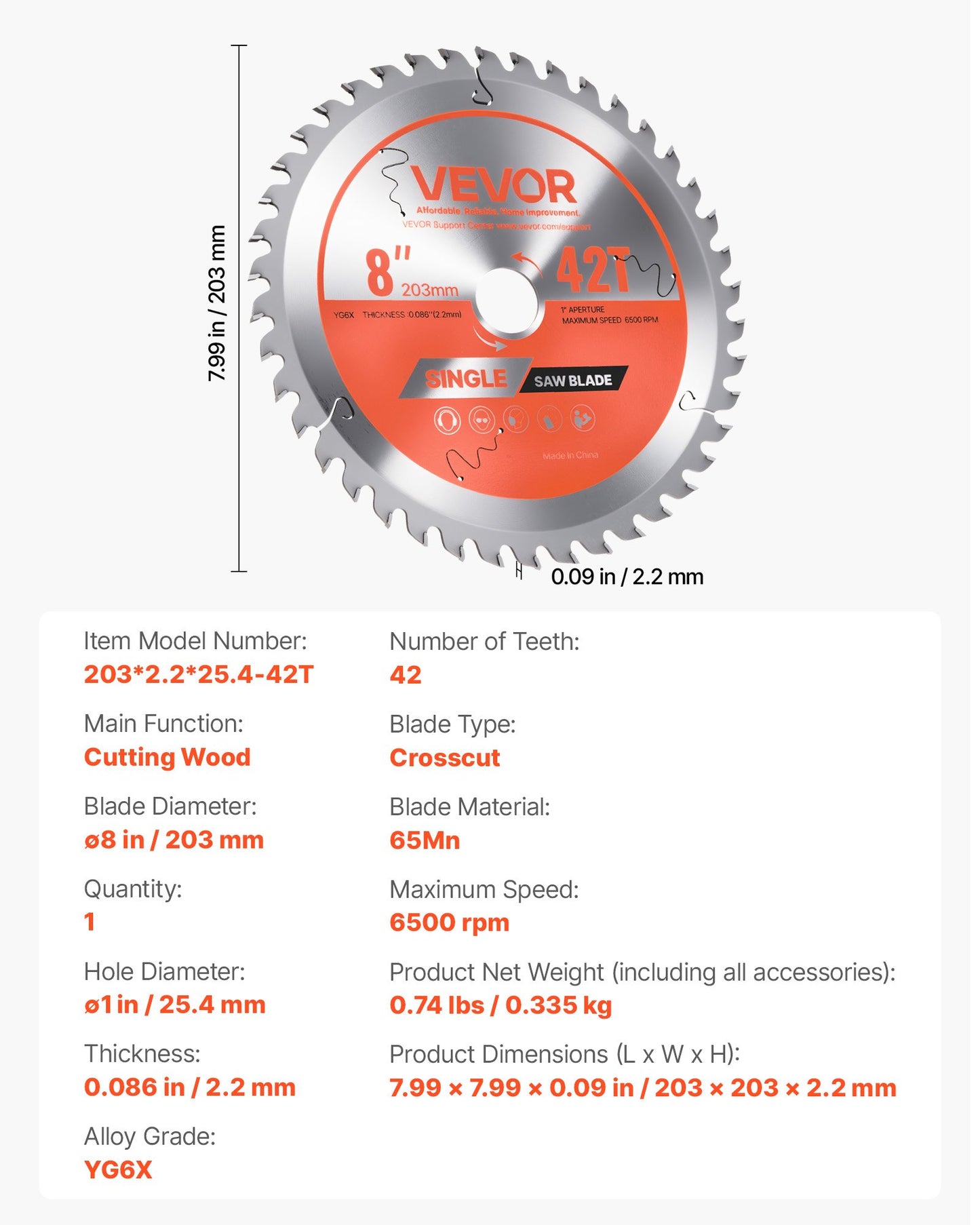 Circular Saw Blade, 8 inch Diameter, 42 Sharp Alloy Teeth, 1 inch Arbor, Fine Finish, Wood Cutting Blade for Circular Saw, with Noise-Reducing Heat Vents, for Cutting Plywood, OSB, and Hardwood