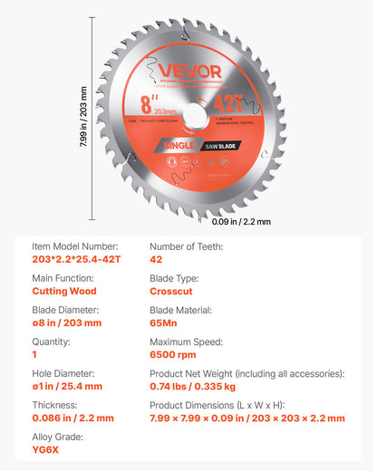 Circular Saw Blade, 8 inch Diameter, 42 Sharp Alloy Teeth, 1 inch Arbor, Fine Finish, Wood Cutting Blade for Circular Saw, with Noise-Reducing Heat Vents, for Cutting Plywood, OSB, and Hardwood