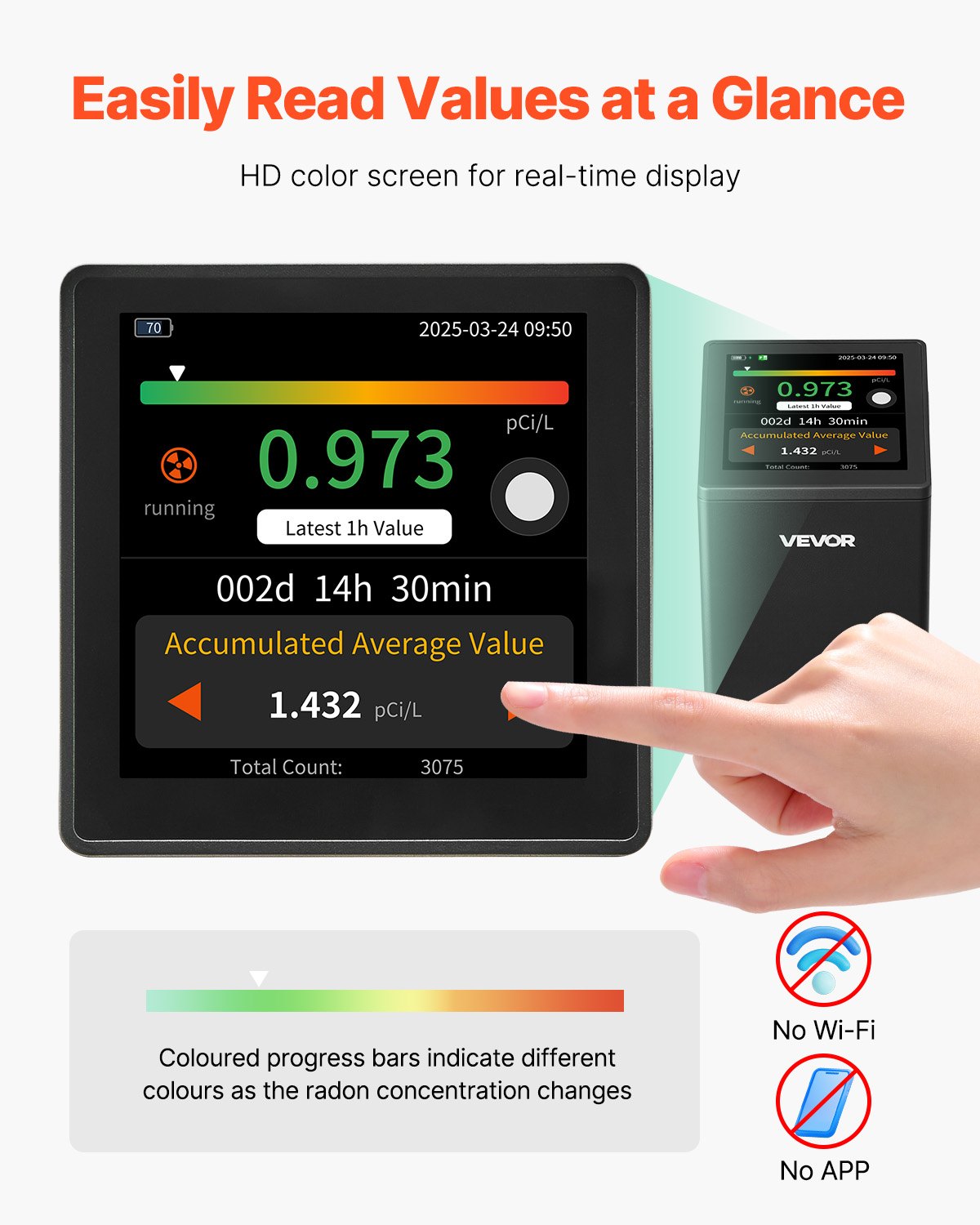 Home Radon Meter Detector 2Bq to 20kBq/m³ Rechargeable Color LCD Display