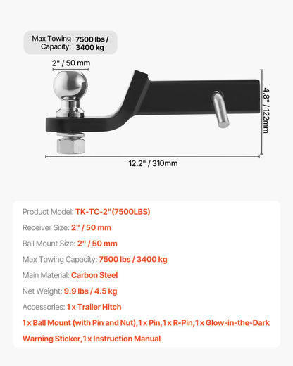 Trailer Hitch, Fits 2 Inches Receiver, Trailer Hitch Ball Mount with 2 Inches Ball and Pin, 7500 lbs Capacity Ball Hitch, 2 Inches Drop, Tow Hitch for Heavy Duty Truck with Carbon Steel, Black