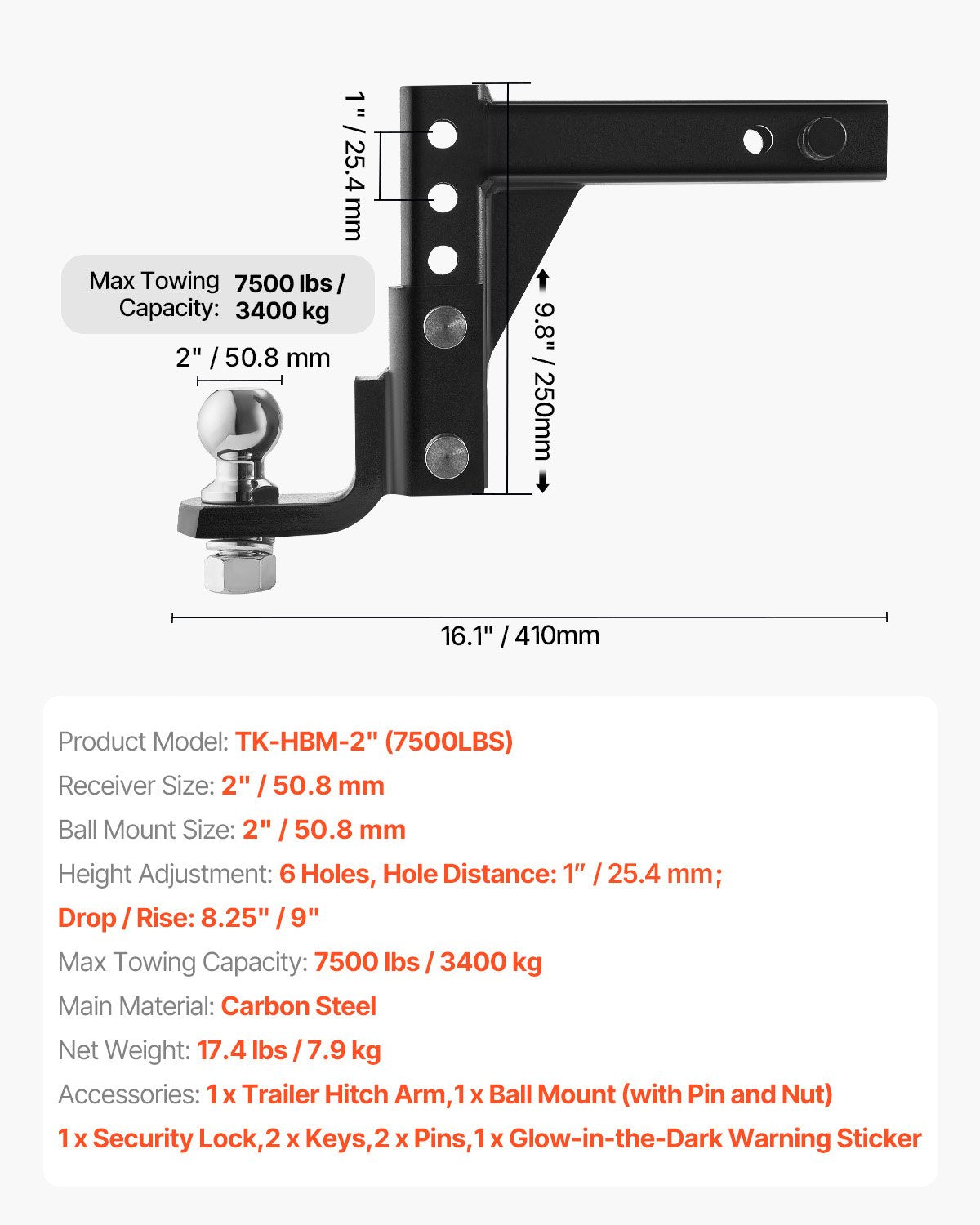 Adjustable Trailer Hitch, Fit 2-Inch Receiver, Trailer Hitch Ball Mount with 2-Inch Ball & Pin, 7500 lbs Capacity Ball Hitch, 9-Inch Drop, Tow Hitch for Heavy Duty Truck with Carbon Steel, Black