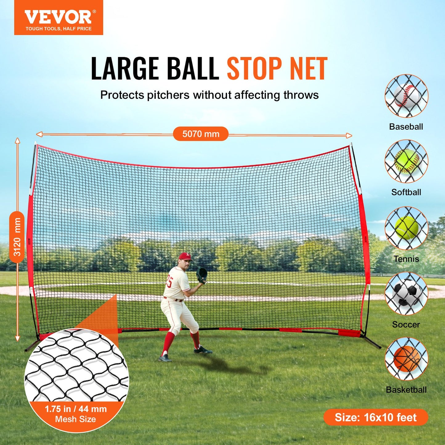Barricade Backstop Net, 16x10 ft Ball Sports Barriärnät, Bärbar träningsutrustning med bärväska, Skyddsskärm för Baseball Softball Lacrosse Fotboll Hockeyträning, för bakgård