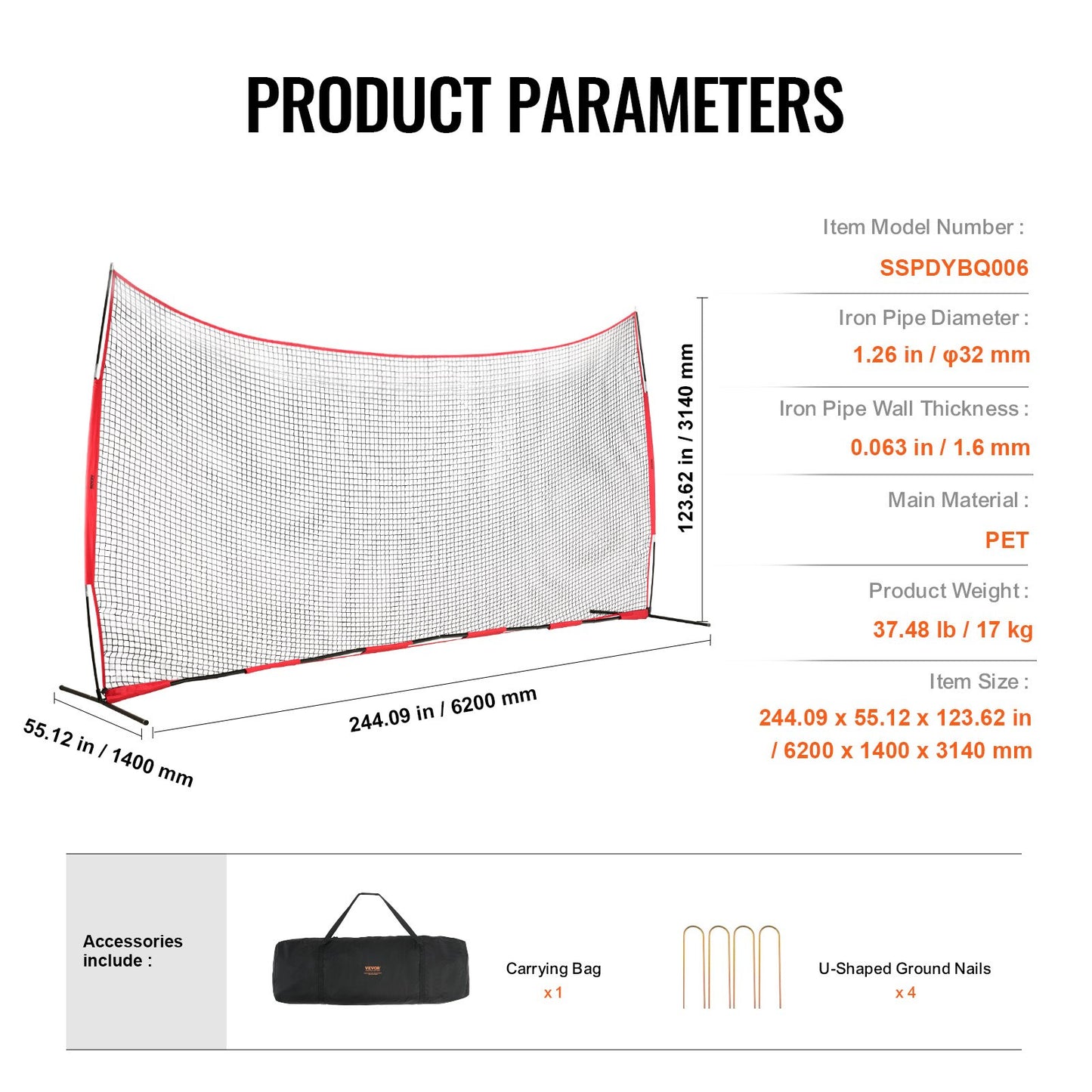 Barricade Backstop-nät, 20x10 fot bollsportbarriärnät, bärbar träningsutrustning med bärväska, skyddsskärm för baseball softball Lacrosse fotbollshockeyträning, för bakgård