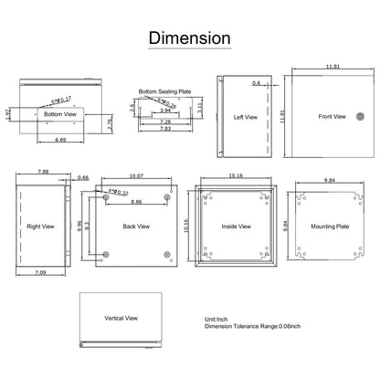NEMA-Edelstahlgehäuse, 12 x 12 x 8 Zoll NEMA 4X Stahl-Schaltkasten, IP66 wasser- und staubdicht, Außen-/Innen-Anschlusskasten, mit Montageplatte