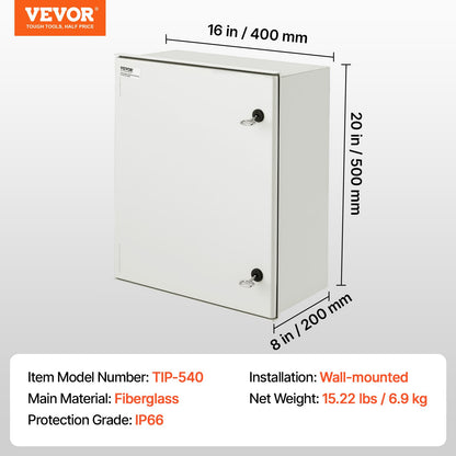 NEMA Enclosure, 20 x 16 x 8 inches, NEMA 4X Fiberglass Steel Electrical Box, IP66 Waterproof & Dustproof Hinged Junction Box for Outdoor Indoor Use, with Mounting Plate(50x40x20 cm))