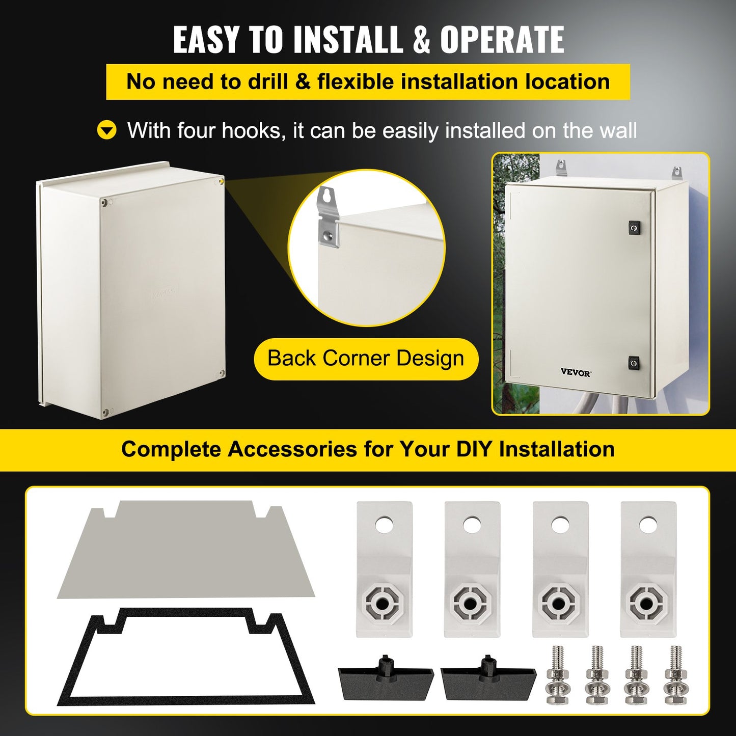 NEMA stålkapsling, 24 x 20 x 9\' NEMA 4X Eldosa i glasfiber, IP66 vattentät och dammtät, kopplingsdosa utomhus/inomhus, med monteringsplatta (60 x 50 x 23 cm)