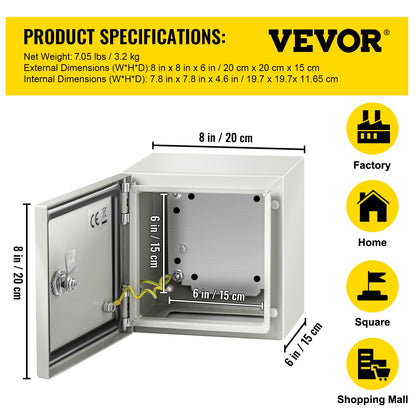 NEMA Metal Case, 8x8x6'' NEMA 4X Metal Electric Enclosure, IP66 Water & Dust Resistant, Suitable for Both Outdoor & Indoor Electrical Connections