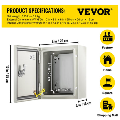 NEMA Metal Case, 10 x 8 x 6'' NEMA 4X Metal Electric Enclosure, IP66 Water & Dust Resistant, Suitable for Both Outdoor & Indoor Use, Includes Mounting Plate