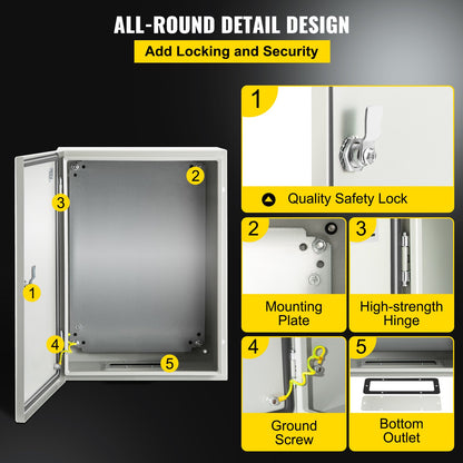 Carbon Steel Electrical Box, 16x12x6 inches, Hinged Cover, IP66 Waterproof & Dust Resistant, Suitable for Outdoor Use, Includes Mounting Plate